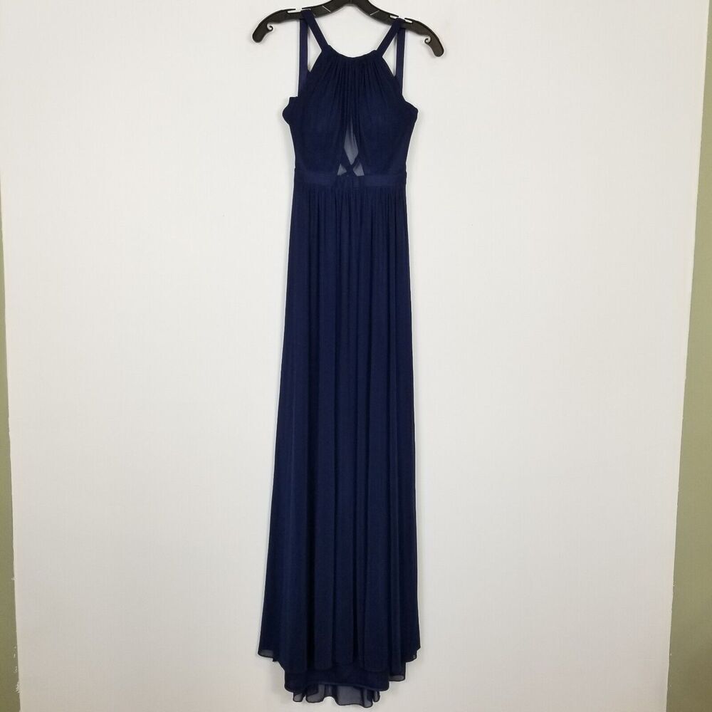 La Femme Women Keyhole Elegant Formal Gown Sz 4 Navy Chiffon Open Back Event - Picture 2 of 8